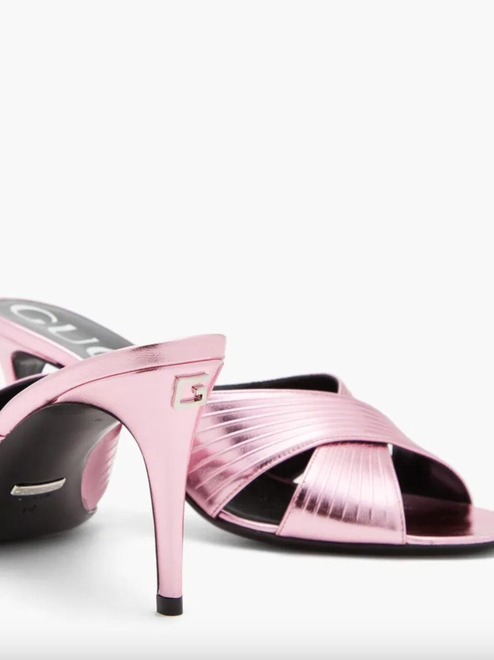 Gucci | Betsy Crossover Mules in Metallic Pink Leather Stiletto Sandals 38
